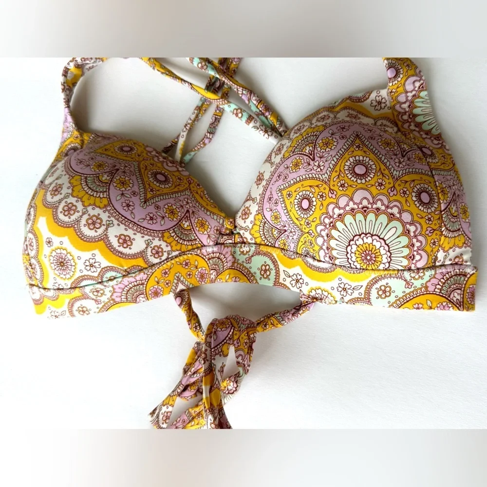 Luli Fama Yellow Alhambra 2 piece Bikini Molded Push Up Bandeau Halter Small